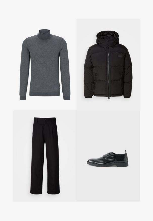 Sort pufjakke med hætte, lynlåslukning og sidelommer. Har et kviltet design, glat tekstur og et logo-patch på brystet.; Grå turtleneck sweater lavet af blødt strikstof. Har lange ærmer, en ribbet krave og en almindelig pasform med en glat tekstur.; Sorte bukser lavet af glat stof, med lige ben, frontfolder og en enkelt knaplukning i taljen.; Blank sort læder dresssko med lav hæl, snørelukning og rund tå, vist fra siden på ensfarvet lys baggrund.