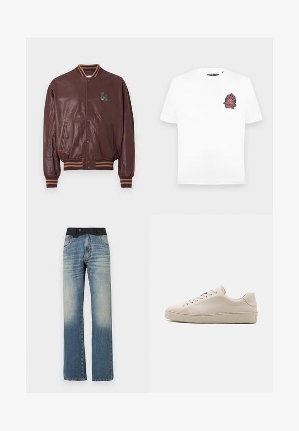 Bordeauxrode leren varsityjas met gestreepte geribbelde boorden en kraag. Voorzien van zijzakken en een geborduurd 'EA'-logo in turquoise en bruin.; Witte T-shirt met korte mouwen met een klein zwart-rood sierlijk wapenlogo op de linkerborst en een "cavalli UOMO" label bij de kraag.; Blauwe denim spijkerbroek met rechte pijpen, een vervaagde wassing en een zwarte tailleband, voorzien van voorzakken en een knoopsluiting.; Beige leren sneakers met een gladde afwerking, ronde neus, platte zool en klassiek vetersluiting ontwerp. Subtiele stiksels en een gestructureerde buitenzool.