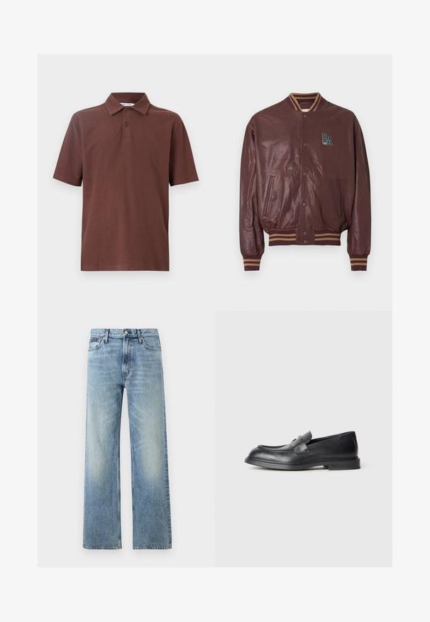 Maroonfarbene College-Lederjacke mit gestreiften, gerippten Bündchen und Kragen. Verfügt über Seitentaschen und ein sticktes "EA"-Logo in Blaugrün und Braun.; Braunes Polohemd aus atmungsaktivem Stoff, mit einem klassischen Kragen und einer Drei-Knopf-Leiste, versehen mit einem dezenten Logo auf der Brust.; Hellblaue Jeans mit geradem Bein, hohem Bund, fünf Taschen, Knopfverschluss und dezentem Verblassen an Oberschenkeln und Knien.; Schwarze Lederloafer mit strukturierter Oberfläche, versehen mit einem dekorativen Frontriemen und einer abgerundeten Spitze. Gummisohle für Langlebigkeit.