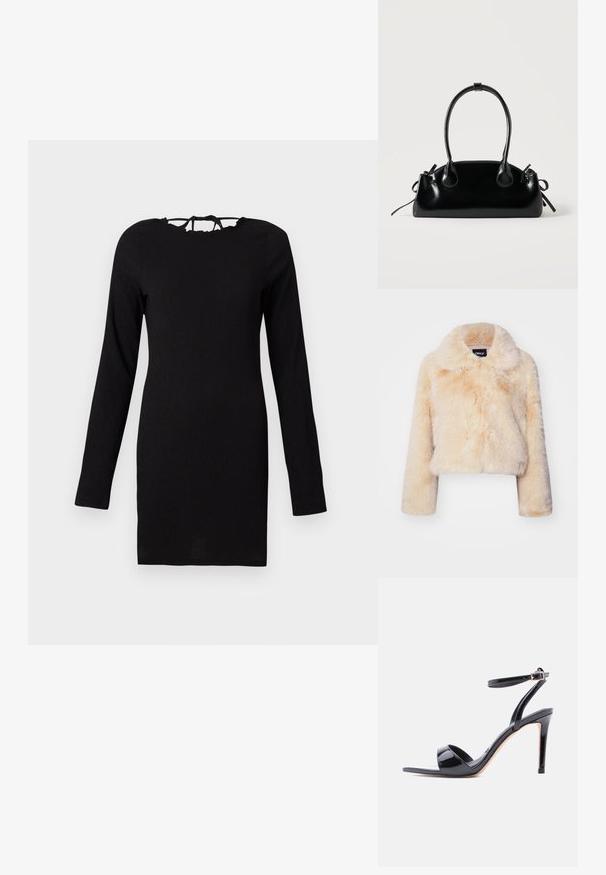 Valgest beežist faux karusnahast lühendatud jakk, millel on lai kaelaosa ja pikad varrukad, pehme ja koheva tekstuuriga ning ilma nähtavate kinniste detailideta.; Must tehkeld dress, millel on pikad varrukad, tekstuuriga kangas, sobiv lõige ja kaela juures sidumiseks mõeldud lukk. Lihtne ja mitmekesine disain.; Mustast lakknahast kõrgete kontsadega sandaal avatud varba, pahkluu rihma ja pandlaga sulgemisega, nähtud küljelt valgel taustal.; Väike must läikiv käekott kahe pika sangaga ja külgedel paelakinnitustega, ühel lihtsal helel taustal.