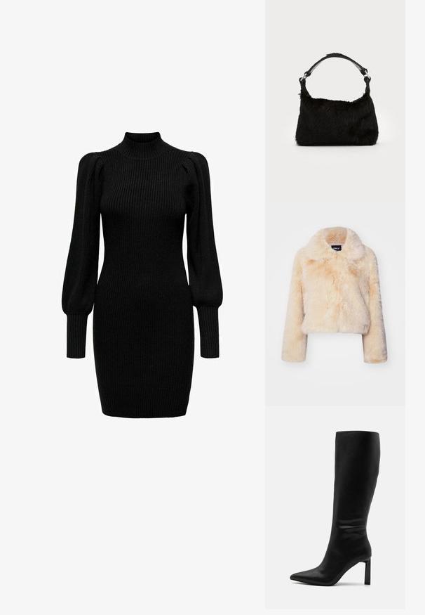 Veste courte en fausse fourrure couleur beige clair, dotée d'un large col et de manches longues, avec une texture douce et duveteuse et sans fermetures visibles.; Robe en tricot noire avec un col montant, de longues manches bouffantes et une texture côtelée. Forme ajustée, atteignant le milieu de la cuisse. Aucun motif ni accent visible.; Even&Odd Bottes - black; Sac à main en fausse fourrure noire avec une texture douce, une forme arrondie et une bandoulière en cuir noir robuste. Accent en métal argenté visible.