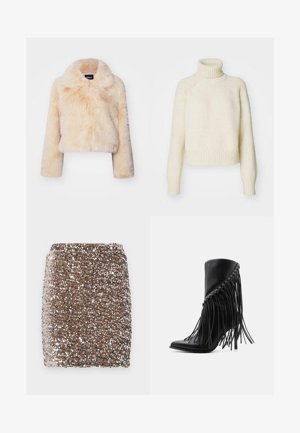 Valgest beežist faux karusnahast lühendatud jakk, millel on lai kaelaosa ja pikad varrukad, pehme ja koheva tekstuuriga ning ilma nähtavate kinniste detailideta.; Kreemikas turtleneck-sviiter, millel on jäme kudumine, lühendatud disain ning soonikkoes varrukad ja äär. Omab raglan-varrukaid.; Pruunist litridest miniseelik, millel on toetav disain ja mis on kaetud peegelduvate hõbedaste litritega, luues tekstuurse ja sädeleva efekti.; Mustad kõrgete kontsadega pahkluu saabaste eesnurkadega fransside ja metallist silmadega ülaääres, terava varba ja kontsaga sandaal.