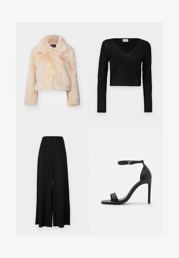 Faux fur cropped jakke i lys beige, med en bred krave og lange ærmer, der har en blød, fluffy tekstur og ingen synlige lukninger.; Sort langærmet crop top med V-hals, tekstureret stof med et mønster og en tætsiddende pasform. Blødt materiale med en subtil glans.; Sorte brede bukser lavet af et struktureret stof, med en høj talje, der har folder og rene kanter for en slank silhuet.; Sort højhælet sandal med et sleek design, der har en ankelrem, åben tå og glat lædertekstur.