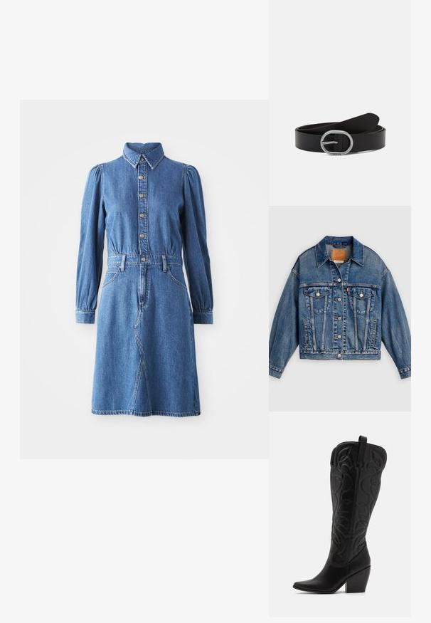 Blå denimjakke med knapper foran, to brystlommer med klap og knapper, sidelommer og en spids krave.; Denim kjole med knaplukning foran, krave og lange puffærmer. Har en tætsiddende talje, to sidelommer og en klokkeformet nederdel.; Sorte knæhøje støvler i læder med spids snude og lagdelt hæl. Har dekorative syninger og buede designelementer.; Sort læderbælte med en rund sølvspænde. Har en glat overflade og et minimalistisk design, med en ren kant og uden synlige mønstre.