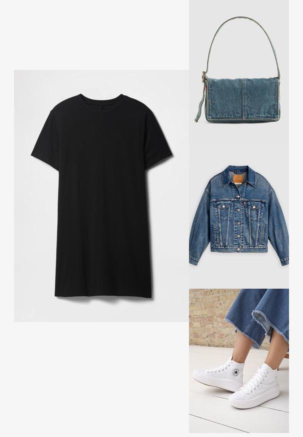 Blå denimjakke med knapper foran, to brystlommer med klap og knapper, sidelommer og en spids krave.; Sort kortærmet t-shirt lavet af bomuld, med klassisk rund halsudskæring og en lige kant, med en glat, mat tekstur.; Person iført hvide høje Converse-sneakers med tykke såler og beskårne blå jeans med flossede kanter mod en murstensvæg og hvidt gulv.; Denim skuldertaske med fold-over design, lys blå farve, synlige sømme, justerbar rem og en sidelabel-detalje.
