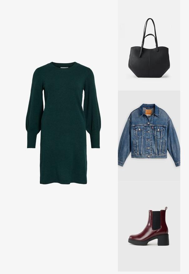 Blå denimjakke med knapper foran, to brystlommer med klap og knapper, sidelommer og en spids krave.; Grøn strikket kjole med rund halsudskæring, lange puffærmer og ribbede manchetter. Stoffet ser blødt ud med en glat tekstur.; Bordeaux læder ankelstøvle med elastiske sidepaneler, rund tå og en kraftig sort hæl, med en trækflap bagpå.; Sort tote taske med glat, struktureret læder, afrundet top og to lange håndtag. Har en vinkelret bund for stabilitet og et struktureret design.