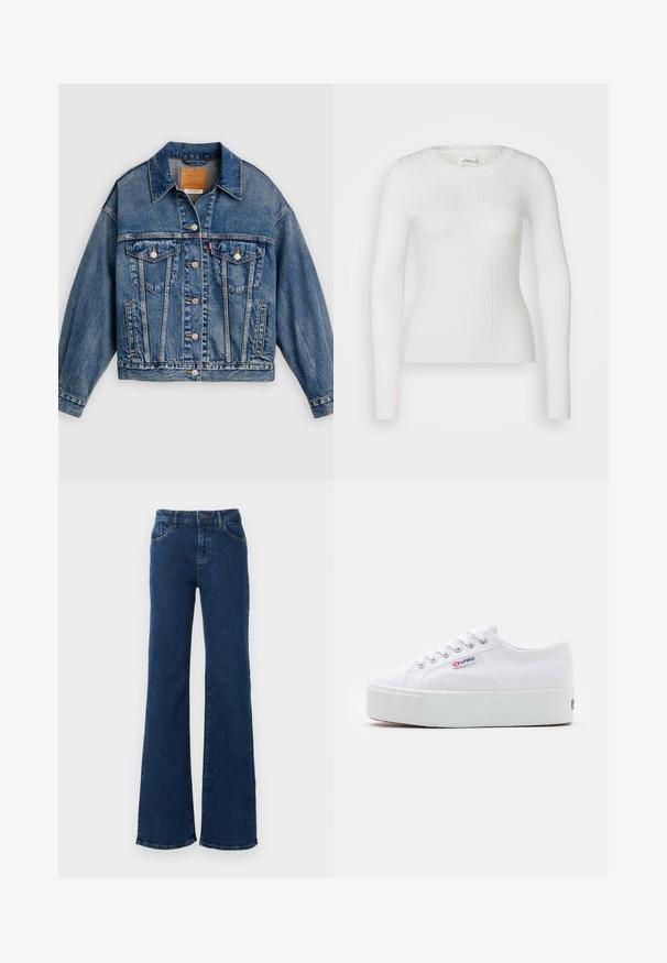 Blå denimjakke med knapper foran, to brystlommer med klap og knapper, sidelommer og en spids krave.; Hvid langærmet ribbet top med en rund halsudskæring. Stoffet er glat og har en subtil tekstur samt en tætsiddende design. Ingen synlige detaljer eller mønstre.; Mørkeblå jeans med høj talje, vidde ben, knaplukning foran, lynlås og lommer foran og bagpå.; Hvide canvas sneakers med en tyk hvid platformssål, rund tå og metaløjelets til snørebånd. Mærkets logo præsenteret på siden.