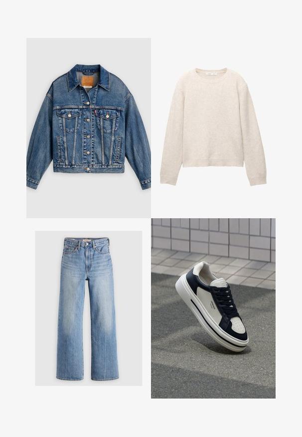 Blå denimjakke med knapper foran, to brystlommer med klap og knapper, sidelommer og en spids krave.; Beige strikket rundhalset sweater med lange ærmer og ribbede manchetter og kant, lagt fladt på en hvid baggrund.; Lys blå denim vid-leg jeans med høj talje, udvaskede områder, fem lommer og kontrastsyede detaljer. Klassisk knap- og lynlåslukning.; Hvide og marineblå lædersneakers med perforeret tå, snørebånd og en struktureret gummisål, som har branding på siden.