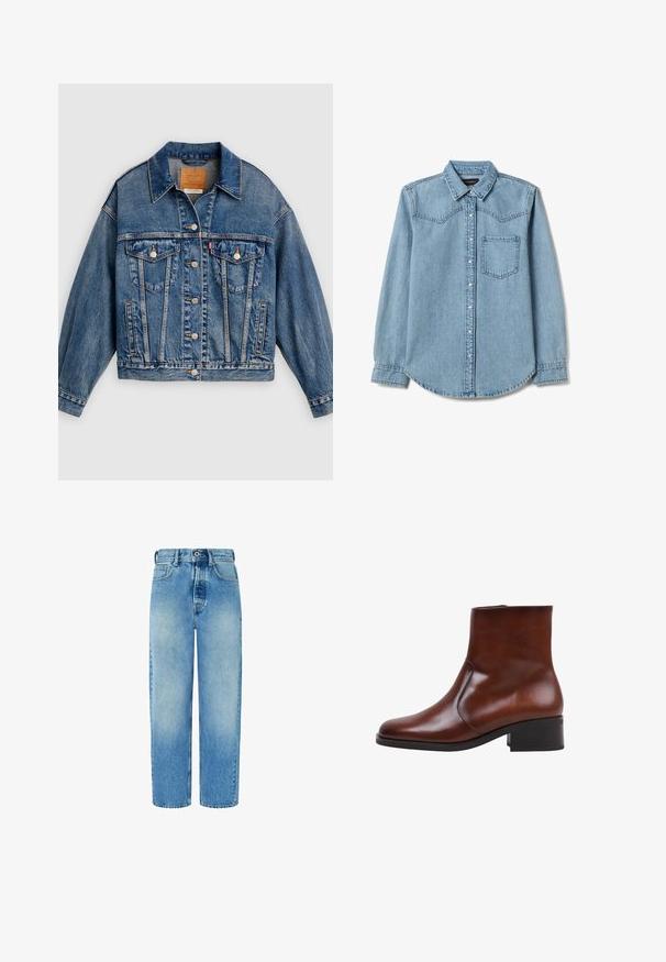 Chaqueta de mezclilla azul con cierre de botones al frente, dos bolsillos con solapa y botones en el pecho, bolsillos laterales y cuello puntiagudo.; Camisa de mezclilla azul claro con cuello puntiagudo, cierre frontal de botones, un bolsillo en el pecho y costuras estilo vaquero en las espalderas.; Jeans de mezclilla de color azul claro con un diseño de pierna recta, cintura alta, bolsillos frontales y cierre de botón. Presentan un ligero decolorado y sin adornos.; Botas de tobillo de cuero marrón con un acabado suave, punta redondeada, paneles laterales elásticos y un tacón bajo tipo bloque. Diseño simple y color sólido.