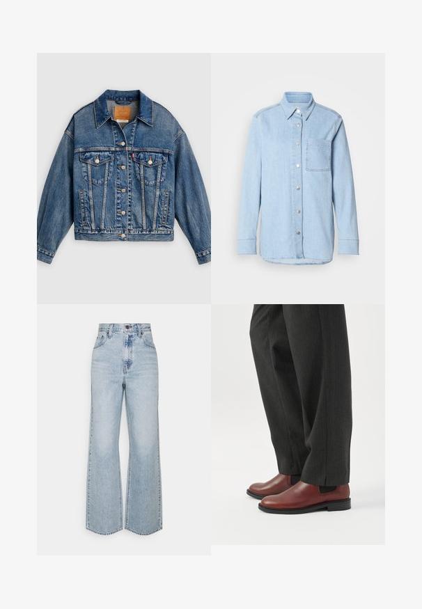 Blå denimjakke med knapper foran, to brystlommer med klap og knapper, sidelommer og en spids krave.; Lyseblå denimskjorte med knaplukning foran, spids krave, enkelt brystlomme og lange ærmer med knapmanchetter.; Lysblå denim brede ben jeans med høj talje, klassisk fem-lomme design og kontrasterende syninger. Uslebne kanter i bunden.; Person iført mørkegrå bukser med lige ben og brune lædersko uden snøre, stående på et hvidt gulv.