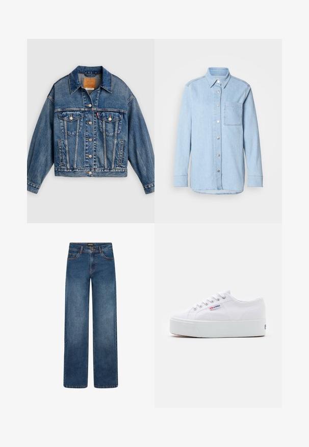 Veste en denim bleue avec fermeture à boutons, deux poches poitrine à rabat avec boutons, poches latérales et col pointu.; Chemise en denim bleu clair avec un devant à boutons, un col pointu, une poche poitrine unique et des manches longues avec des poignets à boutons.; Jean en denim à jambes larges, de couleur bleu moyen. Comprend cinq poches, fermeture par bouton et fermeture éclair, et coutures doubles. Tissu durable.; Baskets en toile blanches avec une épaisse semelle plateforme blanche, bout rond et œillets en métal pour les lacets. Logo de la marque affiché sur le côté.