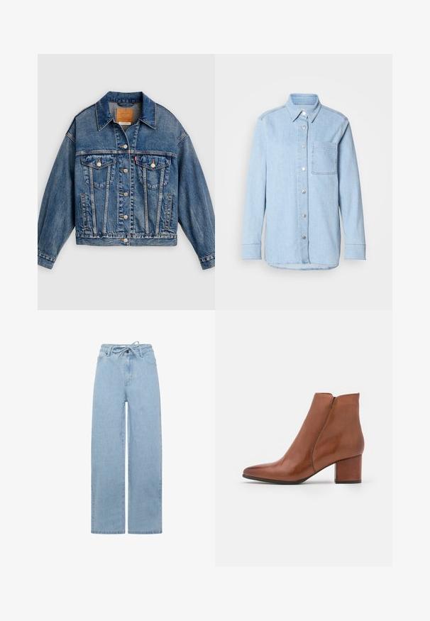 Blå denimjakke med knapper foran, to brystlommer med klap og knapper, sidelommer og en spids krave.; Lyseblå denimskjorte med knaplukning foran, spids krave, enkelt brystlomme og lange ærmer med knapmanchetter.; Lyseblå vidde jeans lavet af denim, med en snoretræk i taljen og et standard fem-lomme design. Stoffet har en glat tekstur.; Brune læder ankelstøvle med snudeformet tå, medium blokhæl og minimal sømdetaljering. Glat tekstur med en poleret overflade.