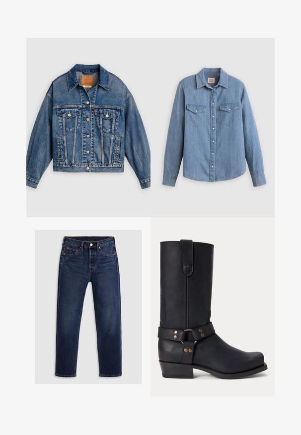 Blå denimjakke med knapper foran, to brystlommer med klap og knapper, sidelommer og en spids krave.; Lyseblå denimskjorte med lange ærmer, knapper foran, to brystlommer og klassisk krave. Glat tekstur og afslappet pasform.; Mørkeblå denimbukser med lige ben-design. Har en lynlås og knaplukning, fem lommer og kontrasterende syninger.; Sort læder mellemhøje støvler med lav hæl, rund tå og dekorativ rem med metalnitter og ring omkring anklen.