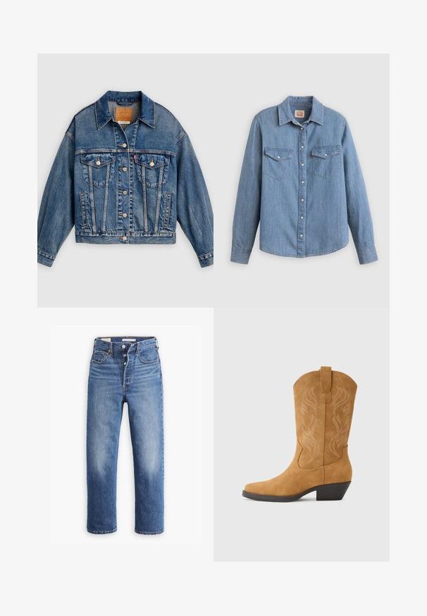Blå denimjakke med knapper foran, to brystlommer med klap og knapper, sidelommer og en spids krave.; Lyseblå denimskjorte med lange ærmer, knapper foran, to brystlommer og klassisk krave. Glat tekstur og afslappet pasform.; Blå denim jeans med høj talje, lige ben og udtværede områder. Har forlommer og metalbeslag.; Cowboystøvle i ruskind med tanfarve, spids snude, dekorative syninger i et virvlende mønster, mellemhæl og trækflig for nem påtagning.
