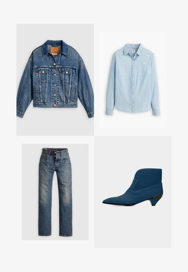 Blå denimjakke med knapper foran, to brystlommer med klap og knapper, sidelommer og en spids krave.; Lyseblå skjorte med knapper lavet af blødt denimstof. Har en klassisk krave og lange ærmer, med et lille logo på brystet.; Blå denimjeans med lige ben, der har synlige sømme, en lynlås, og fem lommer. Udsatte områder tilføjer tekstur.; Blå ankelstøvle med spids tå, lav kittenhæl med gulddetalje og et glat, sømløst design.
