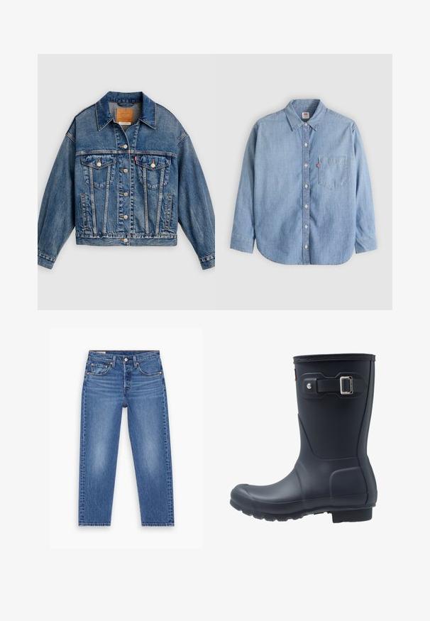 Blauwe spijkerjack met knoopsluiting aan de voorkant, twee borstflapzakken met knopen, zijzakken en een puntige kraag.; Lichtblauw denimoverhemd met een button-down kraag, borstzakje en lange mouwen. Heeft een afgeronde zoom en een subtiele textuur.; Blauwe hoge taille straight-leg jeans met een knoop aan de voorkant, rits en vijf zakken, plat weergegeven op een witte achtergrond.; Zwarte rubberen regenlaars met een ronde neus, textuurzool en verstelbaar riempje. Gladde oppervlakte met een matte afwerking.