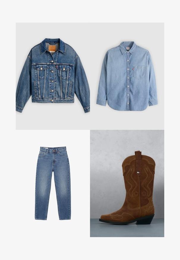 Blaue Jeansjacke mit Knopfleiste, zwei aufgesetzten Brusttaschen mit Knöpfen, Seitentaschen und spitzem Kragen.; Hellblaues Jeanshemd mit Knopfleiste am Kragen, Brusttasche und langen Ärmeln. Verfügt über einen abgerundeten Saum und eine subtile Textur.; Helles blauer Denim-Jeans mit hoher Taille, geradem Bein, fünf Taschen und orangefarbenen Nähten. Angeschnittener Finish auf der Vorderseite.; Brauner Wildleder-Cowboystiefel mit dekorativer Stickerei und einem Flaggenemblem am Schaft, stehend auf einem Boden aus Holzlatten im Freien.