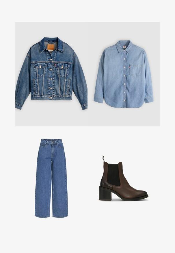 Chaqueta de mezclilla azul con cierre de botones al frente, dos bolsillos con solapa y botones en el pecho, bolsillos laterales y cuello puntiagudo.; Camisa de mezclilla azul claro con cuello abotonado, bolsillo delantero y mangas largas. Presenta un dobladillo curvado y una textura sutil.; Pantalones vaqueros de pernera ancha y cintura alta, fabricados en tejido de mezclilla. Incluye bolsillos frontales y un cierre de botón. Diseño clásico y casual.; Botines de cuero marrón con paneles elásticos en los lados, un tacón bloque, textura suave y una lengüeta para facilitar su uso.