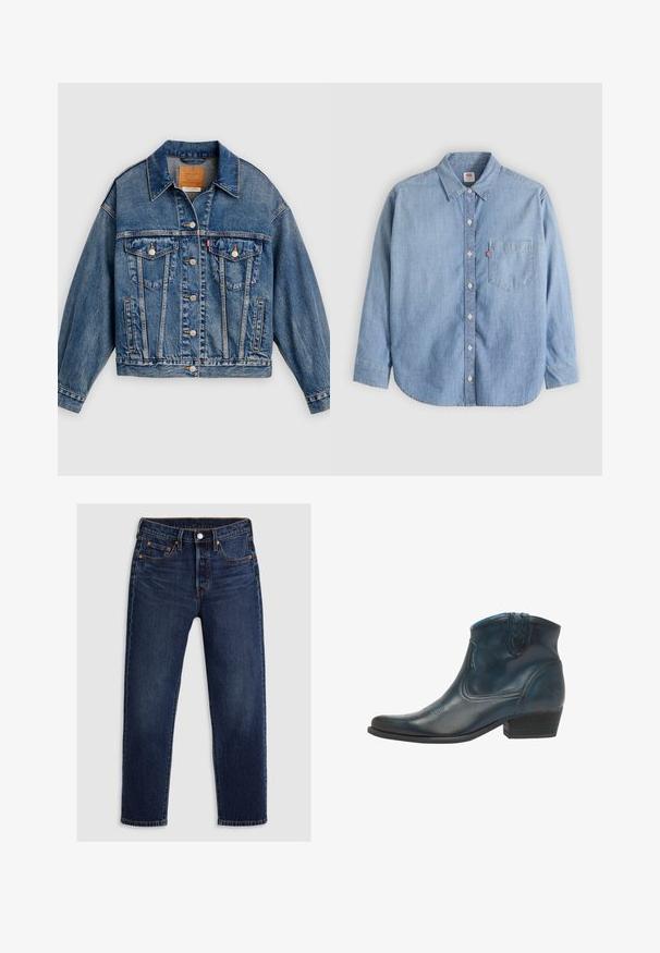 Veste en denim bleue avec fermeture à boutons, deux poches poitrine à rabat avec boutons, poches latérales et col pointu.; Chemise en denim bleu clair avec col boutonné, poche avant et manches longues. Caractérisée par un ourlet arrondi et une texture subtile.; Jean en denim bleu foncé avec une coupe droite. Comprend une fermeture éclair avec un bouton, cinq poches et des coutures contrastantes.; Bottes de cowboy en cuir bleu foncé, avec un bout pointu, des accents courbés et un talon bas empilé avec des détails de couture subtils.