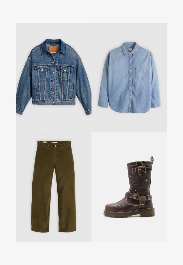 Chaqueta de mezclilla azul con cierre de botones al frente, dos bolsillos con solapa y botones en el pecho, bolsillos laterales y cuello puntiagudo.; Camisa de mezclilla azul claro con cuello abotonado, bolsillo delantero y mangas largas. Presenta un dobladillo curvado y una textura sutil.; Pantalones de pana verde oliva con un diseño de pierna recta, que cuentan con bolsillos frontales y un cierre de botones, mostrando una textura acanalada vertical.; Bota de cuero marrón hasta la mitad de la pantorrilla con detalles florales en relieve, dos hebillas ajustables de latón, costuras amarillas y suela resistente.