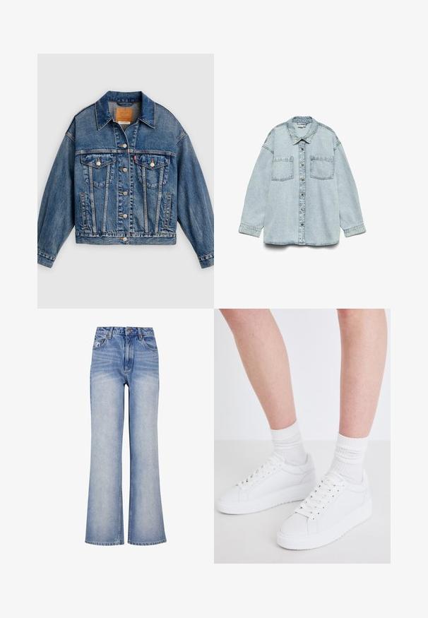 Blå denimjakke med knapper foran, to brystlommer med klap og knapper, sidelommer og en spids krave.; Vero Moda Denim VMJENNIE Denim - Skjortebluser - light blue denim; Lys blå denim bred-benede jeans har høj talje, knaplukning, diskret slidmærker og et klassisk fem-lomme design.; Copenhagen Studios CPH72 - Sneakers - white