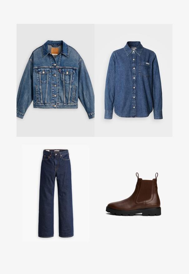 Blauwe spijkerjack met knoopsluiting aan de voorkant, twee borstflapzakken met knopen, zijzakken en een puntige kraag.; Blauw denim overhemd met lange mouwen, knoopsluiting aan de voorkant, kraag, een borstzak en subtiele stiksel details. Soepele textuur en een comfortabele pasvorm.; Donkerblauwe rechte spijkerbroek met vijf zakken, oranje stiksels en een knopen sluiting.; Bruine leren Chelsea-boot met elastische zijkanten, trekhaakjes, zwarte rubberen zool en gouden logo-detail aan de zijkant. Glad oppervlak.