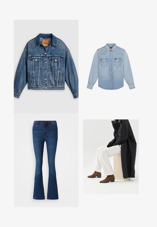 Blauwe spijkerjack met knoopsluiting aan de voorkant, twee borstflapzakken met knopen, zijzakken en een puntige kraag.; Lichtblauw denim overhemd met lange mouwen, puntkraag, drukknopen aan de voorkant en twee borstzakken met klepsluitingen.; Donkerblauwe spijkerbroek met flared pijpen, met voor- en achterzakken, knoop- en ritssluiting, en vervaagde details op de dijen en knieën.; Bruine suède enkellaarzen met een spitse neus en een lage blokhak, gecombineerd met witte broek en een zwarte jas, zittend op een beige sokkel.