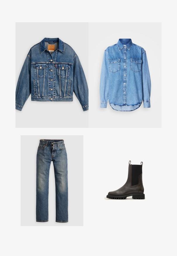 Blaue Jeansjacke mit Knopfleiste, zwei aufgesetzten Brusttaschen mit Knöpfen, Seitentaschen und spitzem Kragen.; Jeanshemd in Hellblau mit klassischem Kragen, durchgehender Knopfleiste, zwei Brusttaschen und rundem Saum mit Ziernähten.; Blaue Denim-Jeans mit geradem Bein, ausgestattet mit sichtbaren Nähten, einem Reißverschluss und fünf Taschen. Ausgewaschene Stellen sorgen für Textur.; Braune Leder-Chelsea-Boots mit elastischen Seitenpanelen, einer Zuglasche und einer robusten Gummisohle mit tiefen Profilen für besseren Halt.
