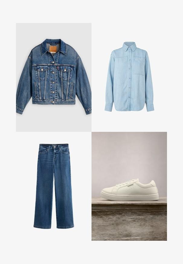 Blauwe spijkerjack met knoopsluiting aan de voorkant, twee borstflapzakken met knopen, zijzakken en een puntige kraag.; Lichtblauwe denim overhemd met lange mouwen, knoopsluiting aan de voorkant, puntige kraag, enkele borstzak en subtiele verticale stiklijn details.; Blauwe wijde jeans van denim, met een hoge taille, vijf zakken, subtiele vervaging, knoopsluiting en contrasterende stiksels.; Witte leren sneaker met veters die boven een houten bank zweeft, met groen lang gras dat op de achtergrond vervaagd is in de buitenlucht.