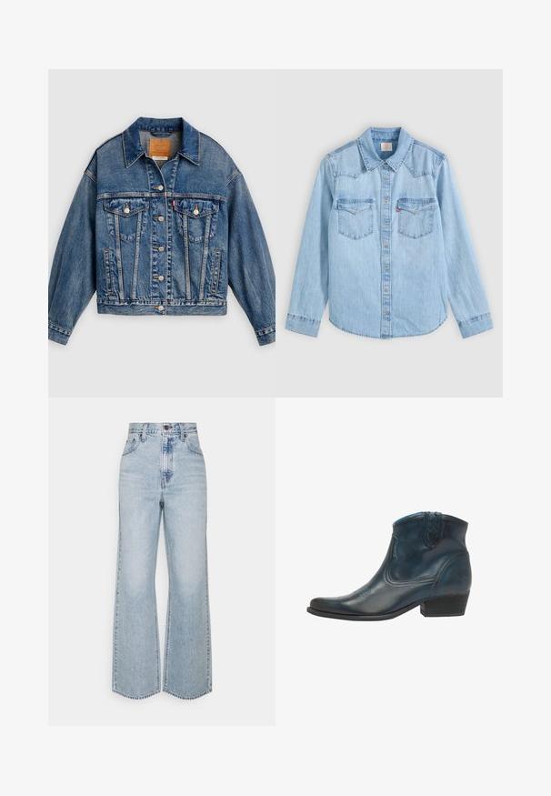 Blå denimjakke med knapper foran, to brystlommer med klap og knapper, sidelommer og en spids krave.; Lyseblå denimskjorte med lange ærmer, knaplukning, to brystlommer med klapper og en klassisk spids krave på en grå baggrund.; Lysblå denim brede ben jeans med høj talje, klassisk fem-lomme design og kontrasterende syninger. Uslebne kanter i bunden.; Cowboy ankel støvler lavet af mørkeblåt læder, med spidse tæer, buede detaljer og en lav, stablet hæl med subtile syninger.