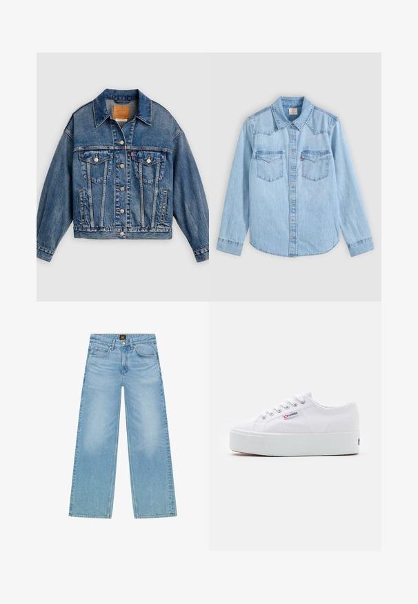 Blaue Jeansjacke mit Knopfleiste, zwei aufgesetzten Brusttaschen mit Knöpfen, Seitentaschen und spitzem Kragen.; Hellblaues Jeanshemd mit langen Ärmeln, Knopfleiste, zwei Brusttaschen mit Klappen und einem klassischen spitzen Kragen vor grauem Hintergrund.; Helles Blau, weite Jeans aus Denim. Verfügt über ein klassisches Fünf-Taschen-Design und eine subtile verblasste Textur. Knopf- und Reißverschluss.; Weiße Leinenschuhe mit einer dicken weißen Plattformsohle, runder Zehenpartie und Metallösen für die Schnürsenkel. Markenlogo an der Seite angebracht.