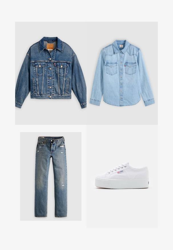 Blaue Jeansjacke mit Knopfleiste, zwei aufgesetzten Brusttaschen mit Knöpfen, Seitentaschen und spitzem Kragen.; Hellblaues Jeanshemd mit langen Ärmeln, Knopfleiste, zwei Brusttaschen mit Klappen und einem klassischen spitzen Kragen vor grauem Hintergrund.; Blaue Denim-Jeans im geraden Schnitt, mit Rissen und ausgebleichten Bereichen. Der Stoff hat eine strukturierte Oberfläche und genähte Nähte.; Weiße Leinenschuhe mit einer dicken weißen Plattformsohle, runder Zehenpartie und Metallösen für die Schnürsenkel. Markenlogo an der Seite angebracht.