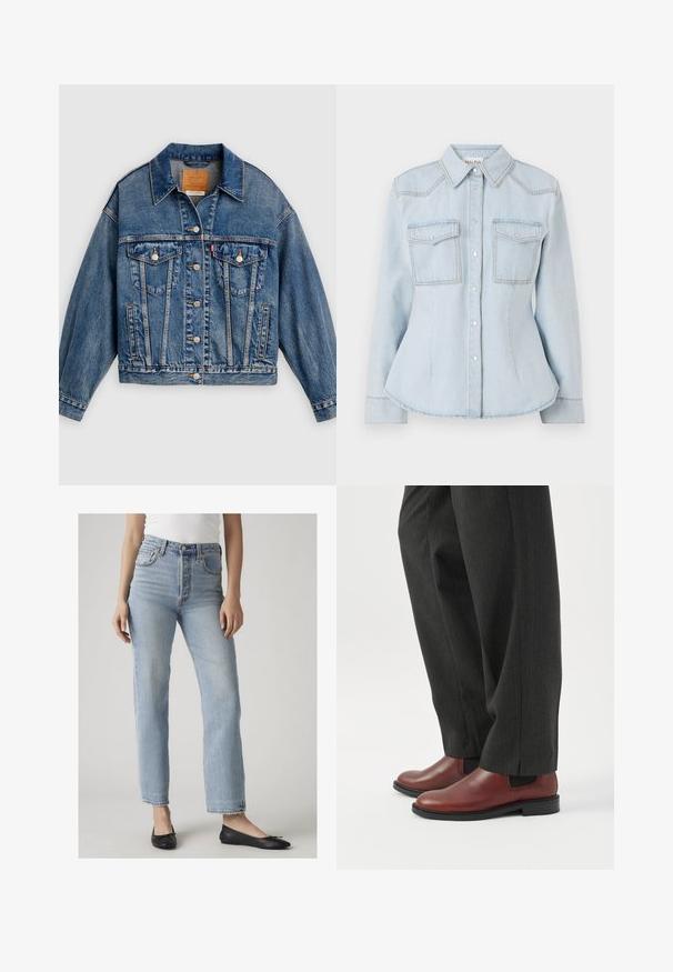 Blå denimjakke med knapper foran, to brystlommer med klap og knapper, sidelommer og en spids krave.; Lyseblå denimskjorte med tætsiddende design, spids krave, to brystlommer og kontraststing. Har knaplukning og lange ærmer.; Kvinde iført lyseblå jeans med høj talje og lige ben samt sorte balletsko, stående mod en ensfarvet lys baggrund.; Person iført mørkegrå bukser med lige ben og brune lædersko uden snøre, stående på et hvidt gulv.