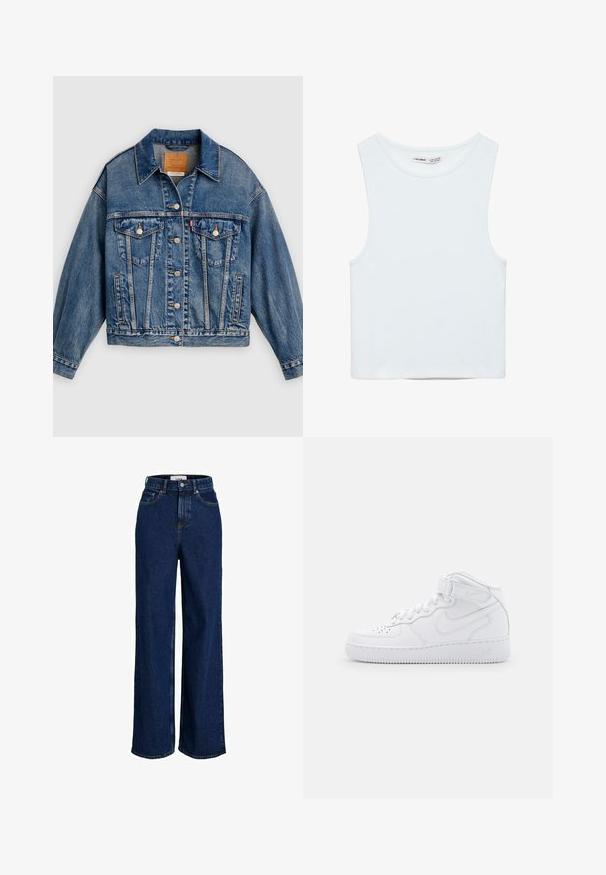 Blaue Jeansjacke mit Knopfleiste, zwei aufgesetzten Brusttaschen mit Knöpfen, Seitentaschen und spitzem Kragen.; Weißes ärmelloses Crop-Top mit rundem Ausschnitt, aus glattem Stoff, mit dem Label Pull&Bear, geeignet für den Alltag.; Dunkelblaue, hoch taillierte Jeans mit weitem Bein, vorderen Taschen, Gürtelschlaufen, Knopfverschluss und sichtbaren Nahtdetails.; Weiße High-Top-Sneaker aus Leder mit gepolstertem Schaft, perforierter Zehenkappe, Schnürung und verstellbarem Knöchelriemen; Logo an der Seite.