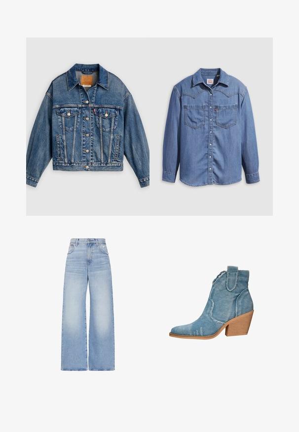 Blå denimjakke med knapper foran, to brystlommer med klap og knapper, sidelommer og en spids krave.; Lyseblå denimskjorte med spidst krave, to brystlommer og trykknapper. Har et western-inspireret stykke på skuldrene.; Lyseblå højtaljede jeans med vidde i benene, lukkes foran med knapper og lynlås, for- og baglommer samt en let slidt detalje på højre lomme.; Blå denim ankelstøvle med spids tå, slidte tekstur og en stablet træhælfot. Har side løkker for nem påføring.
