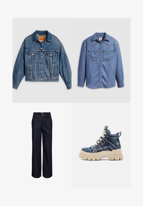 Blå denimjakke med knapper foran, to brystlommer med klap og knapper, sidelommer og en spids krave.; Lyseblå denimskjorte med spidst krave, to brystlommer og trykknapper. Har et western-inspireret stykke på skuldrene.; Mørkeblå denimjeans med lige ben, knap- og lynlåslukning, bæltestropper og synlige syningsdetaljer.; Buffalo ASPHA MID - Sneakers high - blue