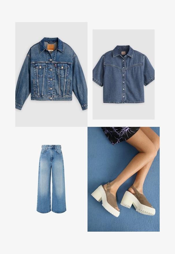 Blå denimjakke med knapper foran, to brystlommer med klap og knapper, sidelommer og en spids krave.; Kortærmet blå denimskjorte med knapper, spids krave og Western-inspireret skørt med syningsdetaljer.; Lyseblå vidde jeans lavet af denim, med høj talje, knaplukning og subtil falmning med rene kantkanter.; Brune ruskind platform sandaler med chunky hvide hæle, der har justerbar ankelstrop og guld accenter. Struktureret gummisål for godt greb.