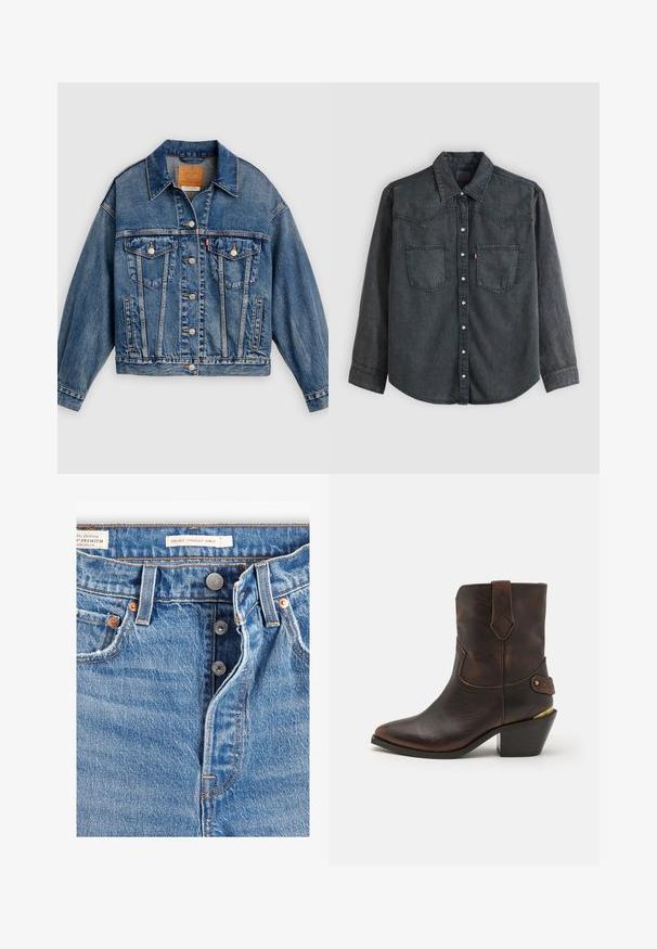 Blå denimjakke med knapper foran, to brystlommer med klap og knapper, sidelommer og en spids krave.; Mørkegrå denimskjorte med lange ærmer, knaplukning foran, to brystlommer, spids krave og vestlig-inspireret sømme på skulderpartiet.; Lyseblå denim jeans med lige ankelpasform. Indeholder fem lommer, to metalknapper og synlig orange syning. Der er mærker til stede.; Brune læder cowboystøvle med spids tå og stablet hæl. Har et dekorativt diamantmønster og en rem med hardware-detajle.