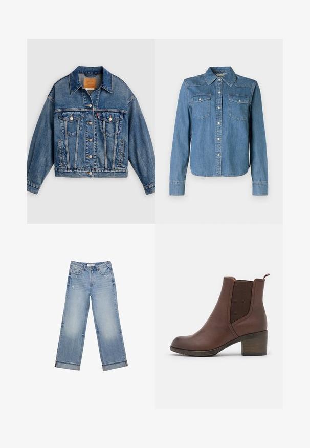 Blå denimjakke med knapper foran, to brystlommer med klap og knapper, sidelommer og en spids krave.; Denimskjorte med en lys blå nuance, klassisk krave og to brystlommer. Den har trykknapper og lange ærmer med knapmanchetter.; Lyseblå denimjeans med bred bendesign, der har frynset kant, let slid og klassisk fem-lommes design.; Brun læder ankelstøvle med en glat finish, elastiske sidepaneler, en rund tå og en moderat træhæl.