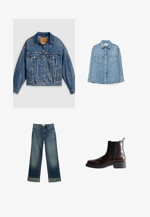 Blå denimjakke med knapper foran, to brystlommer med klap og knapper, sidelommer og en spids krave.; Lyseblå denim skjorte med knapper, to brystlommer og lange ærmer, vist på en ensfarvet hvid baggrund.; Bredde ben blå denim jeans med en falmet finish, fem lomme-design og foldede manchetter med kontrastsyninger. Glat tekstur.; Brune læder ankelstøvle med elastiske sidepaneler, rund tå og en struktureret sort gummisål. Har kontrasterende syninger og en trækflap.