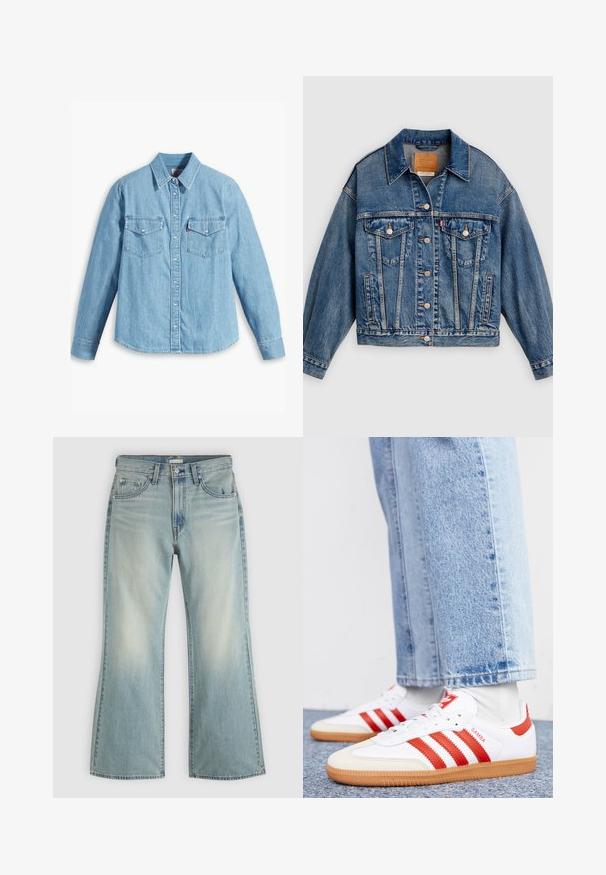 Blauwe spijkerjack met knoopsluiting aan de voorkant, twee borstflapzakken met knopen, zijzakken en een puntige kraag.; Lichtblauwe spijker blouse met lange mouwen, puntige kraag, twee borstzakken, knoopsluiting en subtiele textuur. Geen zichtbare patronen.; Lichtblauwe spijkerbroek met een hoge taille, knoop- en ritssluiting aan de voorkant, vijf zakken en licht uitlopende pijpen.; Witte leren sneakers met rode strepen en accenten. Voorzien van een getextureerde gumrubberen outsole en een gevoerde kraag. Draag ze met lichtblauwe denim.