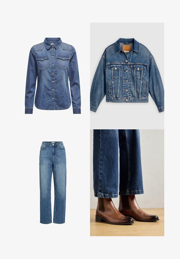 Blå denimjakke med knapper foran, to brystlommer med klap og knapper, sidelommer og en spids krave.; Denimskjorte i mørkeblå, med krave, lange ærmer, dobbelt brystlomme og kontrasterende syninger.; Højtaljede blå denim straight-leg jeans med en lys vask, der har fem lommer, bæltestropper og en knaplukning.; Brune læder ankelstøvler med elastiske sidepaneler, firkantet tå og lav blokhæl, båret med blå denim jeans. Hårdttrægulv nedenfor.