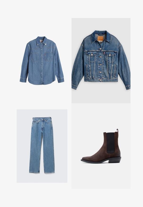 Blå denimjakke med knapper foran, to brystlommer med klap og knapper, sidelommer og en spids krave.; Lys blå denimskjorte med lange ærmer, spids krave, to brystlommer og kontraststing. Har et western-inspireret yoke-design.; Blå, høj-taljede, straight-leg denimjeans med frontknap, lynlås, bæltestropper og fem-lommer design på en ensartet lys baggrund.; Brun ruskind Chelsea-støvle med sort elastisk sidepanel, trækflig bagpå, lav hæl og spids tå på hvid baggrund.