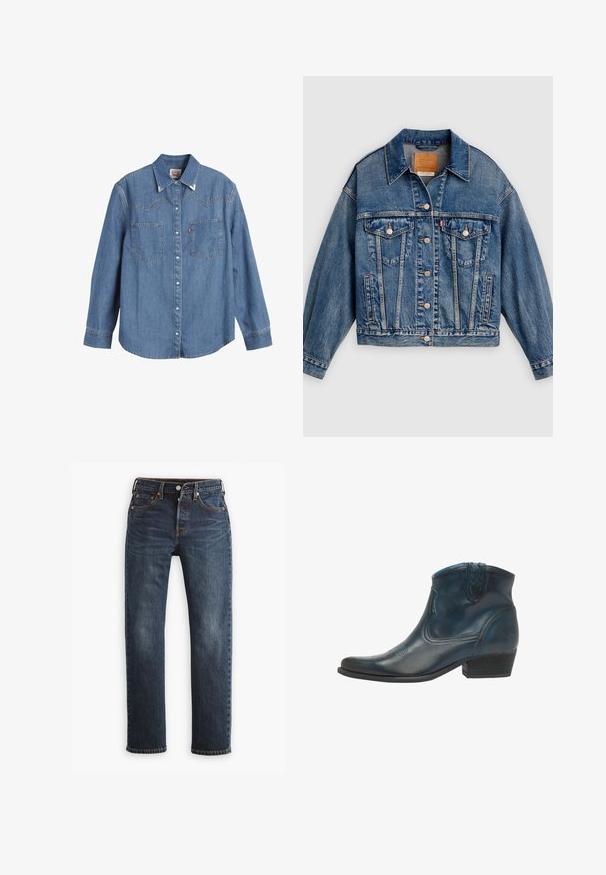 Blå denimjakke med knapper foran, to brystlommer med klap og knapper, sidelommer og en spids krave.; Lys blå denimskjorte med lange ærmer, spids krave, to brystlommer og kontraststing. Har et western-inspireret yoke-design.; Levi's® 501® JEANS FOR WOMEN - Jeans Straight Leg - same intent; Cowboy ankel støvler lavet af mørkeblåt læder, med spidse tæer, buede detaljer og en lav, stablet hæl med subtile syninger.