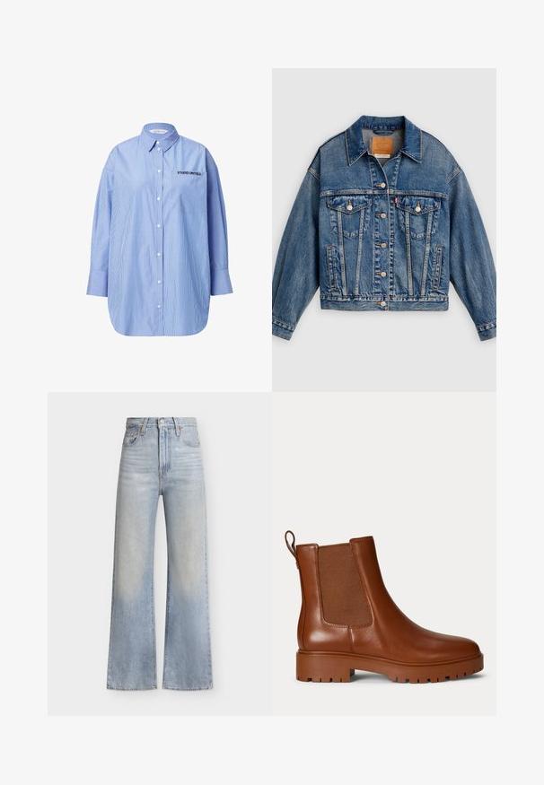 Blå denimjakke med knapper foran, to brystlommer med klap og knapper, sidelommer og en spids krave.; Stribet blå skjorte med knapper og lomme, hvor der står "STUDIO UNTOLD", klassisk krave og lange ærmer.; Lyseblå jeans med høj talje og vide ben, lukkes foran med knapper og lynlås, forlommer og subtile falmede detaljer.; Brun læder Chelsea-støvle med elastisk sidepanel, trækstrop ved hælen og kraftig udvendig sål.