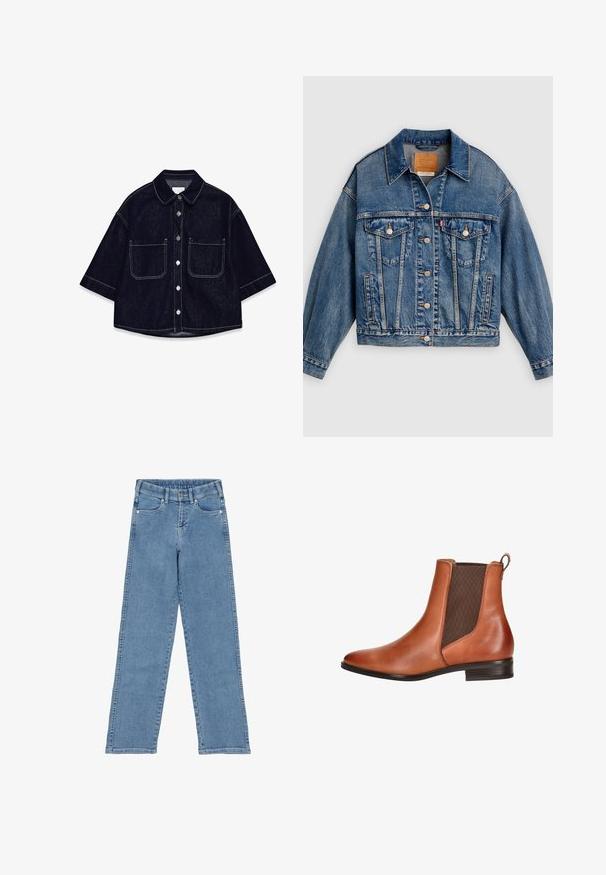Blauwe spijkerjack met knoopsluiting aan de voorkant, twee borstflapzakken met knopen, zijzakken en een puntige kraag.; Donkerdenim overhemd met korte mouwen, twee voorzakken met flappen, witte stiksels en een afgeronde kraag.; Lichtblauwe denim jeans met een hoge taille, rechte pijpen en voorzakken. Voorzien van een knoopsluiting en zilverkleurige hardware.; Bruine leren enkelboot met elastische zijpanelen, gladde afwerking, ronde neus en een lage gestapelde hak. Accentstiksels langs de naden.