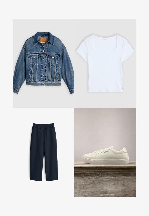 Blaue Jeansjacke mit Knopfleiste, zwei aufgesetzten Brusttaschen mit Knöpfen, Seitentaschen und spitzem Kragen.; Weiße kurzärmelige Bluse mit quadratischem Ausschnitt, aus geripptem Stoff. Mit einem kleinen roten Logoschild auf der unteren linken Seite.; Marineblaue Hose aus glattem Stoff, mit elastischem Bund, zwei Seitentaschen und einem entspannten Schnitt mit geraden Beinen.; Weißer Leder-Sneaker mit Schnürsenkeln schwebt über einer hölzernen Bank, im Hintergrund ist das grüne hohe Gras unscharf zu sehen.
