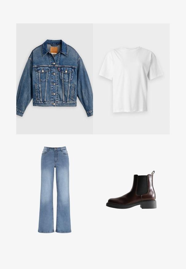 Blå denimjakke med knapper foran, to brystlommer med klap og knapper, sidelommer og en spids krave.; Hvid kortærmet rundhalset t-shirt vist fladt på en lys grå baggrund.; Lyseblå vidde jeans lavet af denim. Har en knaplukning, fem lommer og syninger i kontrast. Glat overflade med en let falma.; Brune læder ankelstøvle med elastiske sidepaneler, rund tå og en struktureret sort gummisål. Har kontrasterende syninger og en trækflap.