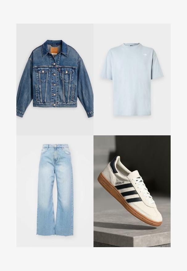 Blå denimjakke med knapper foran, to brystlommer med klap og knapper, sidelommer og en spids krave.; Lyseblå kortærmet T-shirt lavet af bomuld. Rund hals, afslappet pasform, med et lille hvidt logo på venstre bryst. Glat tekstur.; Lyseblå vidde jeans lavet af denim, med høj talje, falmede detaljer, knaplukning og rå kant i bunden.; Hvide ruskinds sneakers med marineblå striber, gummisål, struktureret overdel, rund tå og snøring; har branding på siden og tungen.