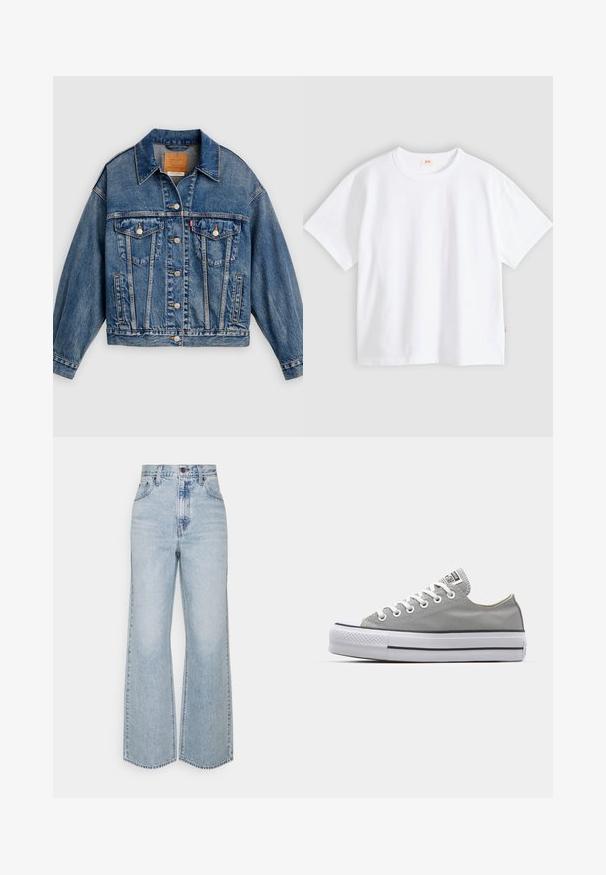 Blauwe spijkerjack met knoopsluiting aan de voorkant, twee borstflapzakken met knopen, zijzakken en een puntige kraag.; Wit katoenen t-shirt met korte mouwen, ronde hals, losse pasvorm, gladde textuur en een klein logolabel aan de linker zijnnaad.; Lichtblauwe denim broek met wijde pijpen, hoge taille, klassiek vijfzakkenontwerp en contrasterende stiksels. Rauwe zoom aan de onderkant.; Grijze canvas sneakers met witte veters, rubberen neuspunt en een dikke, witte rubberen zool met twee zwarte strepen aan de zijkant.